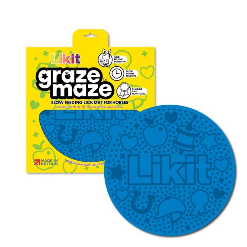 Likit Graze Maze Blue slow feeder lick mat for horses, packaging shown in background.