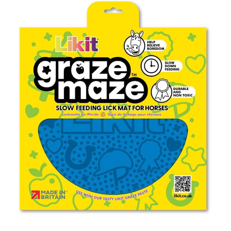 Likit Graze Maze Blue slow feeder lick mat in Likit packaging with playful icons.