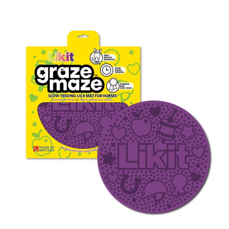Likit Graze Maze Purple slow feeder lick mat for horses, packaging visible in background.