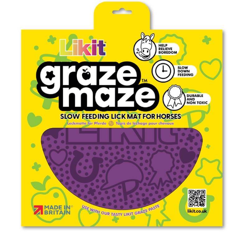 Likit Graze Maze Purple is a slow feeder lick mat for horses in yellow packaging.
