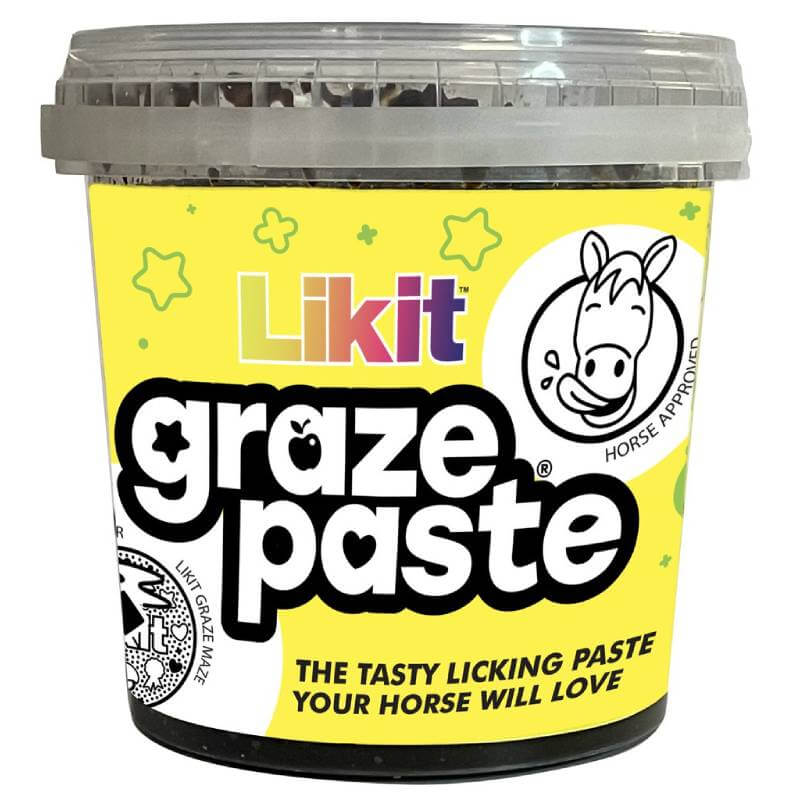 Likit Graze Paste tub with yellow label and cartoon horse illustration.