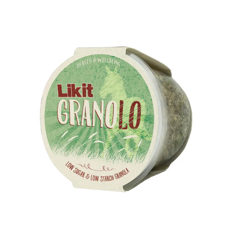 Likit GranoLo Apple low-sugar horse treat in a round container, green lid by Likit.