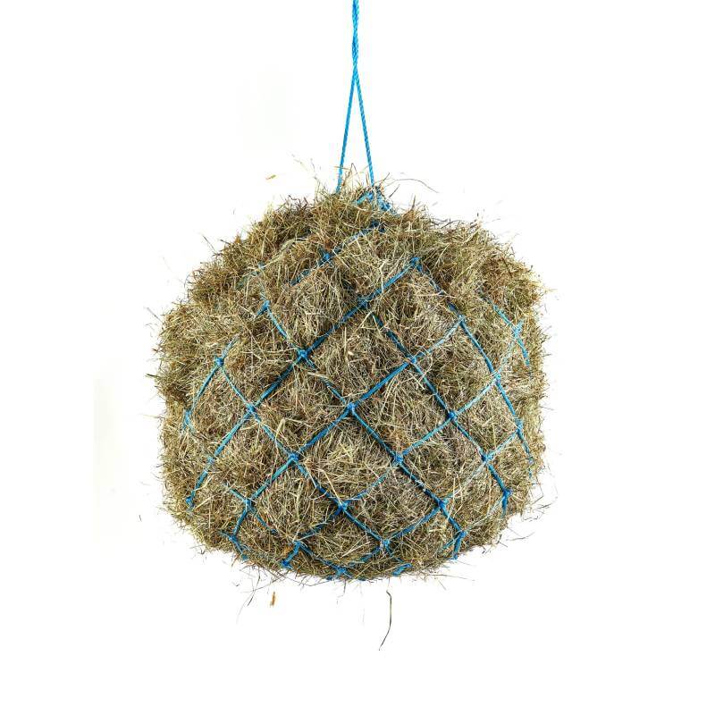 Shires Haynet With Rings holds hay in blue netting, hanging against a white background.