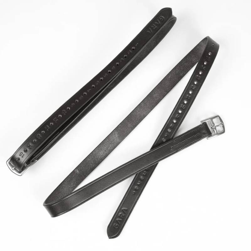 Two Velociti Gara Stirrup Leathers Black, one with stainless steel buckle, on white background.
