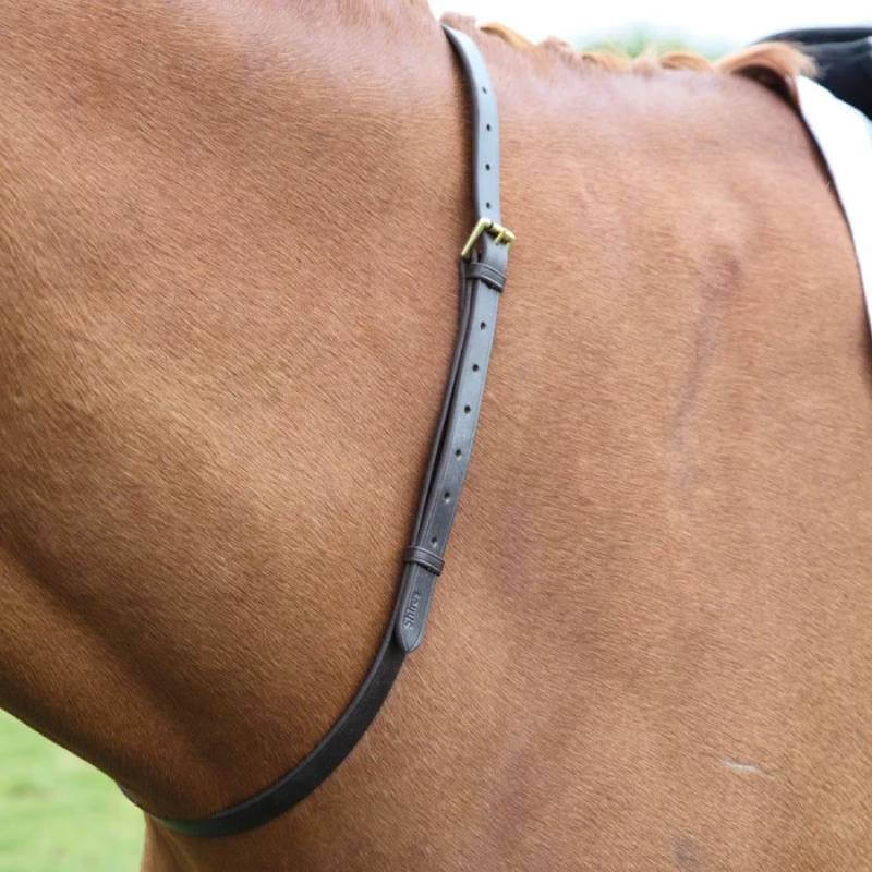Close-up of a brown horse’s neck with a Shires Blenheim Leather Neck Strap for grip and safety.