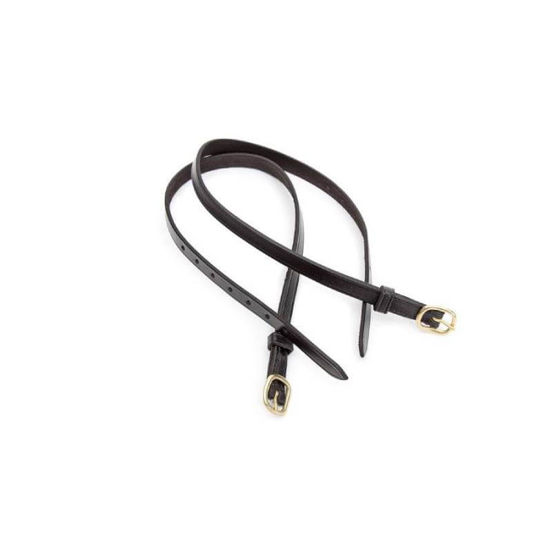 Shires Blenheim Leather Spur Straps in black with gold buckles on a white background.