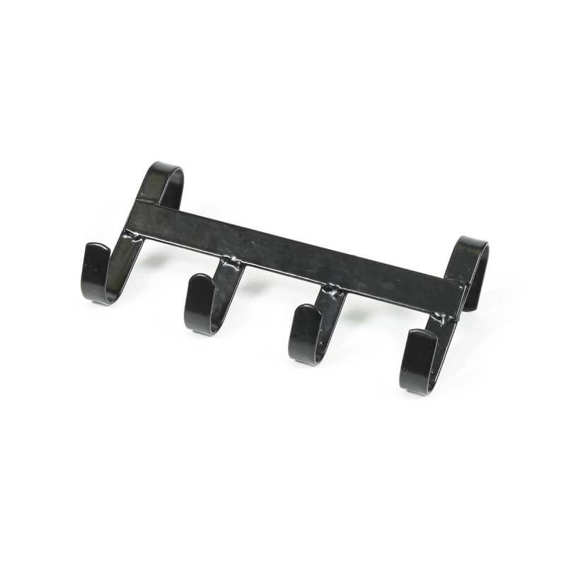 Shires Ezi Handy Hanger black metal rack with four hooks and two over-the-door tack hangers.