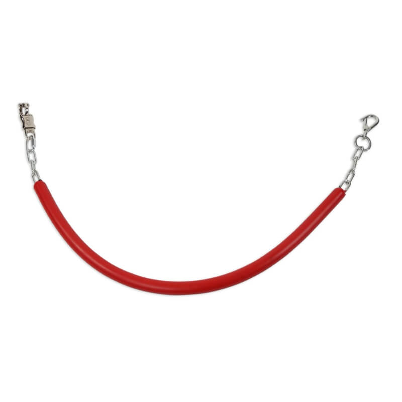 Shires EZI-KIT Stall Chain: red plastic-coated, curved, with quick-release panic clips both ends.