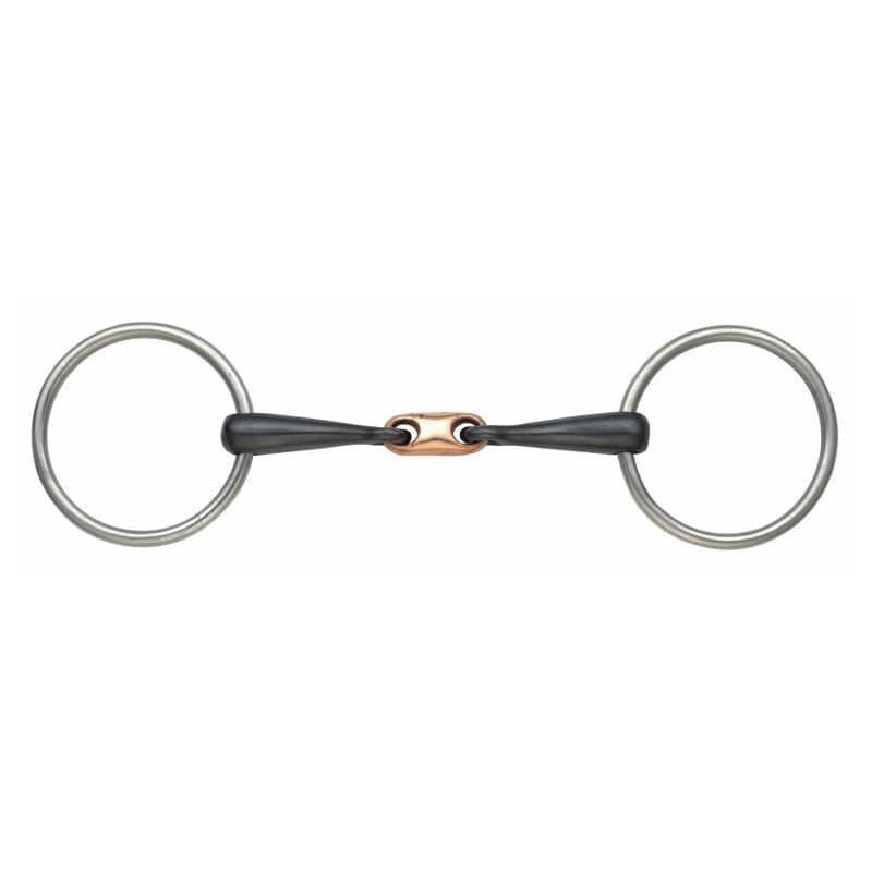 Shires Copper Lozenge Sweet Iron Snaffle Bit: jointed mouthpiece with metal rings for horses.