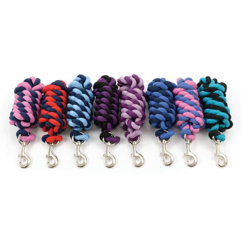 Eight Shires Two Tone Lead Ropes, colorful and twisted, with Walsall clips side by side.