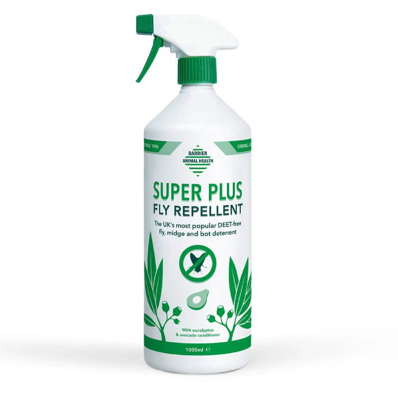 White spray bottle labeled Barrier Super Plus Fly Repellent 1Ltr with green leaf graphics.