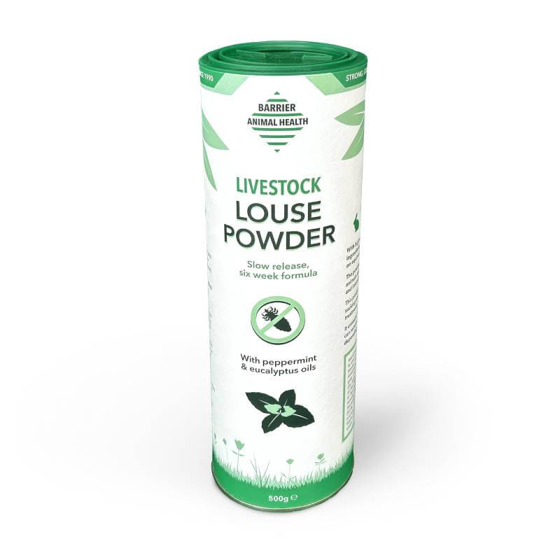 Barrier Livestock Louse Powder 500g: green/white canister, peppermint &amp; eucalyptus, organic use.