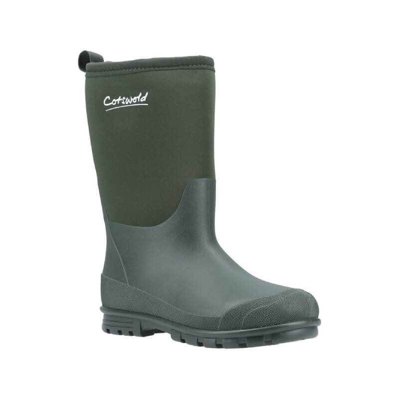 Cotswold Hilly Neoprene Wellington Green Kids: waterproof boots with textured sole, reinforced toe.