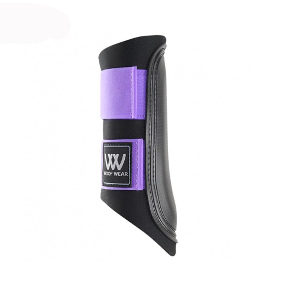 Woof Wear Club Brushing Boot in black/purple with velcro strap for horse protection.