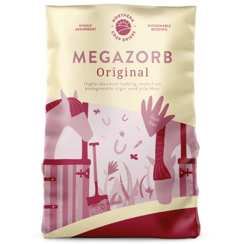 Megazorb 85Ltr bag with horse images and info on absorbency and sustainability.