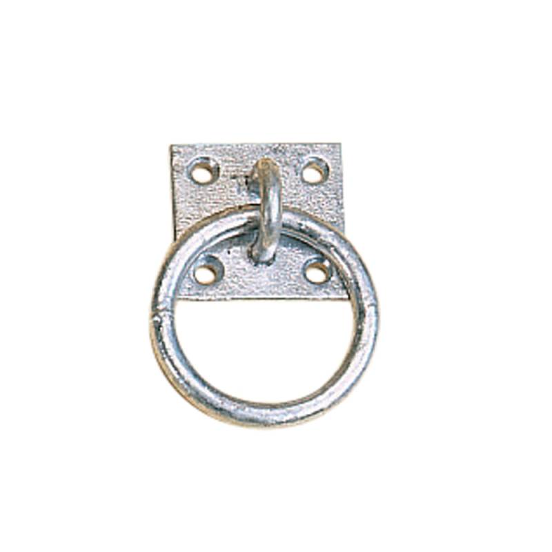 Stubbs Tie Ring Plate (S30P): square base, metal pull handle, four holes, galvanised finish.