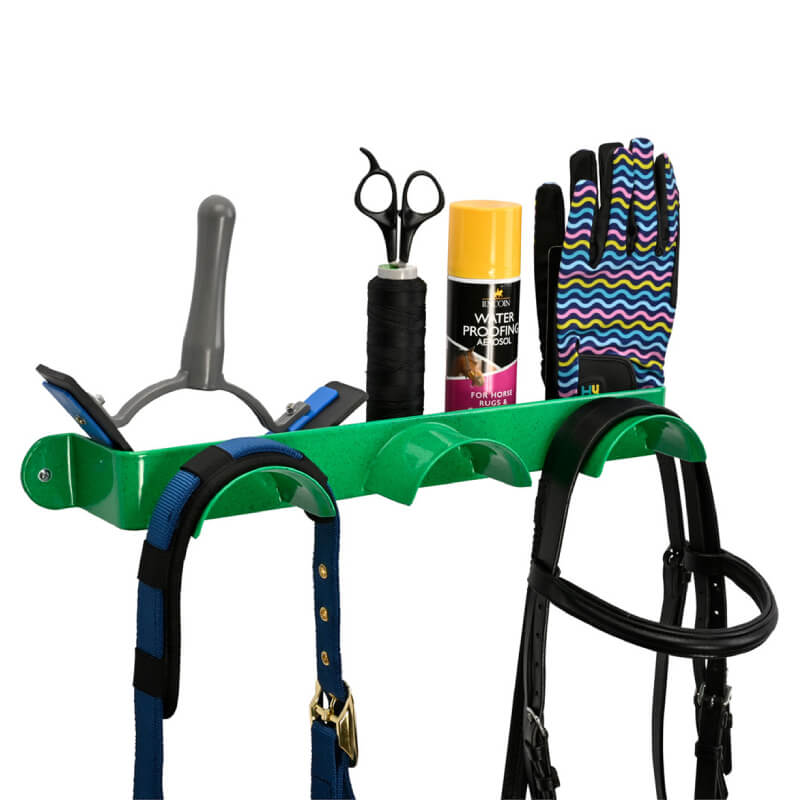 Stubbs Bridle Shelfie Green holds gloves, spray, scissors, grooming tools, and tack.