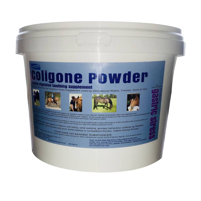 Coligone Powder 3kg—horse digestive supplement with prebiotics, white tub with blue label.