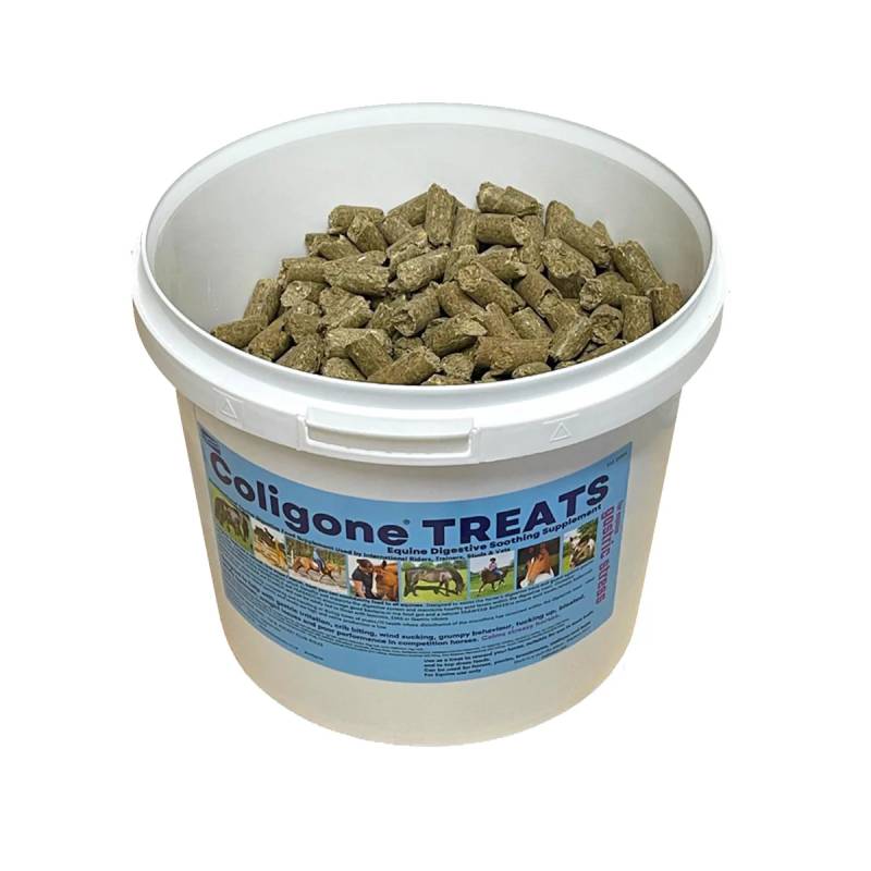 A 3kg tub of Pet n Pony Coligone Treats—high fibre, low sugar horse treats.