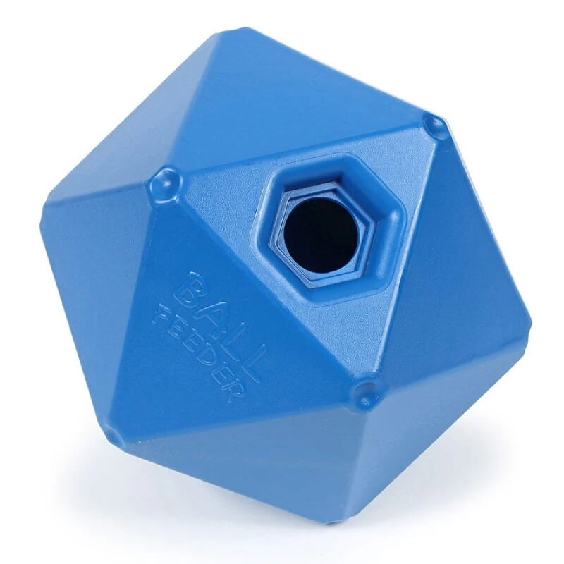 Shires Ball Feeder Blue 9" helps relieve horse boredom with a hexagonal opening.