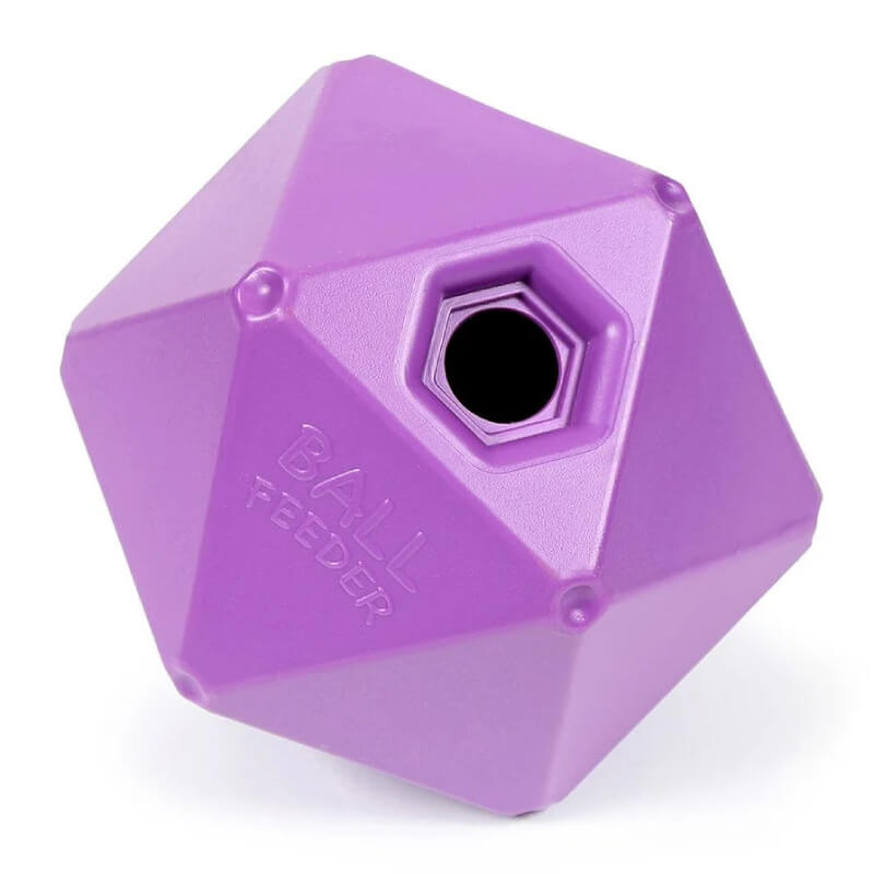 Shires Ball Feeder Purple 9″—slow feed toy with hexagonal opening for horse enrichment.