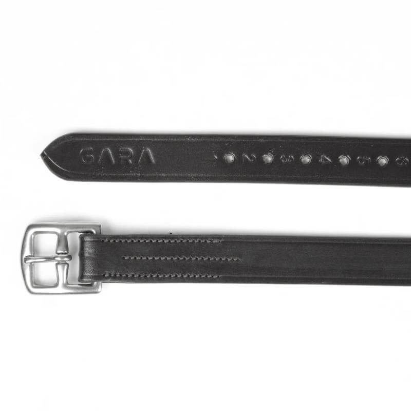 Black Shires Velociti Gara stirrup leathers with stainless steel buckles and GARA embossing.