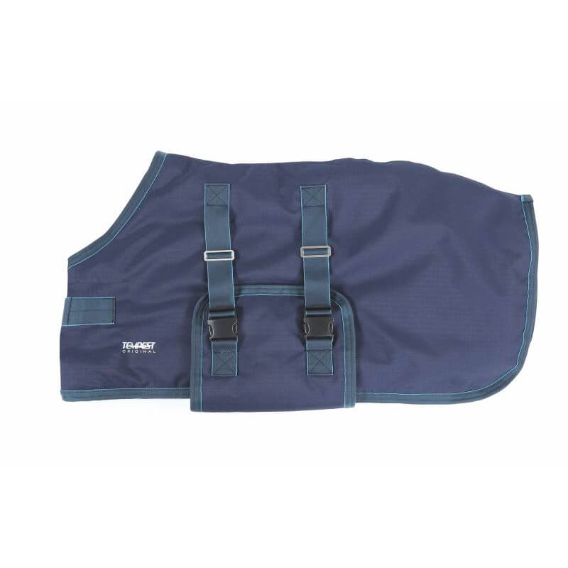 Shires Tempest Original 200g Foal Turnout Rug Navy/Turquoise, laid flat on white background.