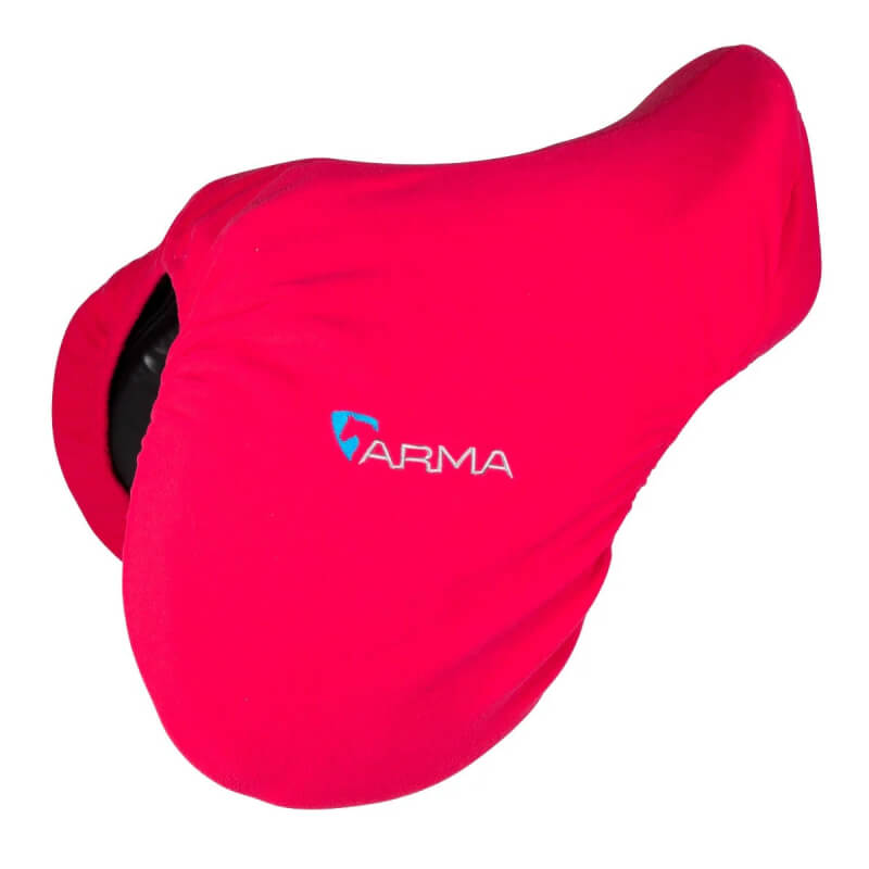 A pink Shires ARMA fleece saddle cover for 17-18" saddles with Arma logo.