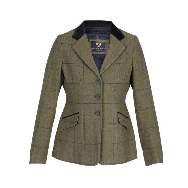 Shires Aubrion Saratoga Jacket by Shires, green tweed with check pattern and black collar.
