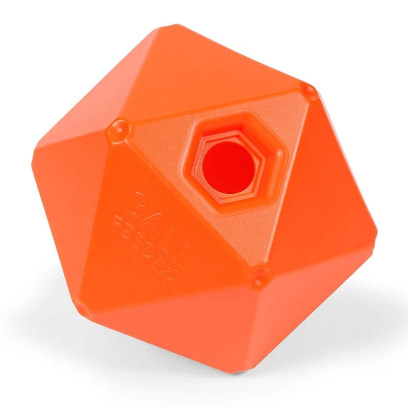 Shires Ball Feeder Orange 9" dodecahedron with hexagonal hole for horse boredom relief.