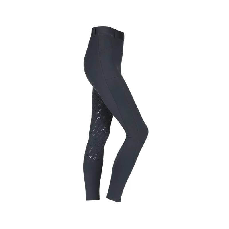 Aubrion Albany Riding Tights Black: high-waisted with silicone grip and patterned panels, side view.