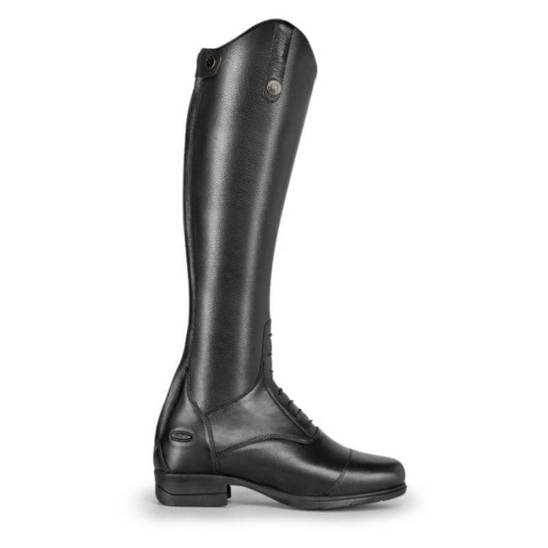 Moretta Gianna Riding Boots Black with top button snap, shown from the side.