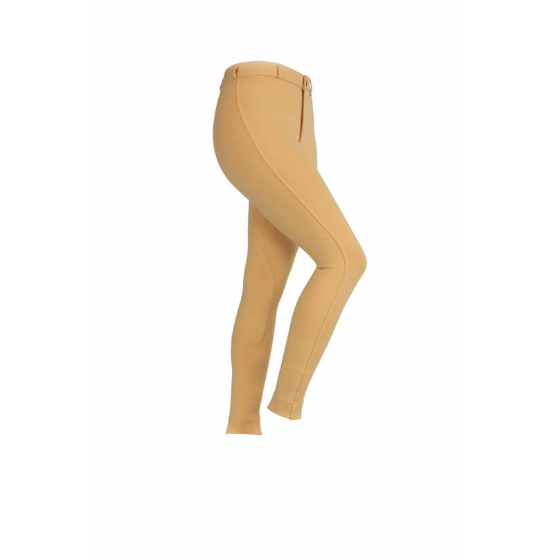 Shires SaddleHugger Maids Jodhpurs Canary shown on mannequin, side view.