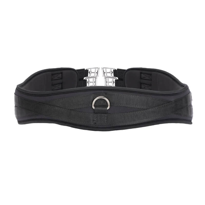 Shires Arma Memory Foam Girth Black waist harness with metal ring, shown from the front.