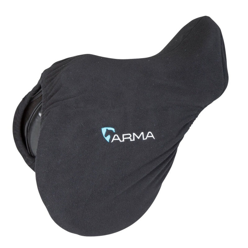 Shires ARMA Fleece Saddle Cover Black 17-18" protects saddles; white/blue logo.