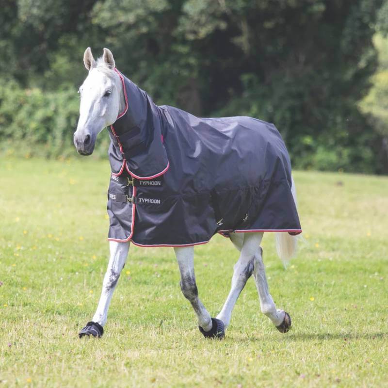 A white horse in a Shires Typhoon 200 Combo Turnout Rug Black walks on green grass.