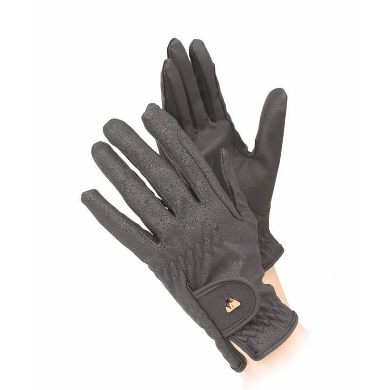 Aubrion Arene Riding Gloves for kids in black with reinforced grips and gold logo at the wrist.