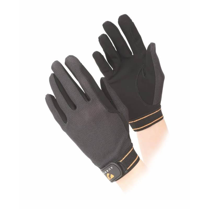 Aubrion Mesh Riding Gloves Black with orange stitching and synthetic suede palms.