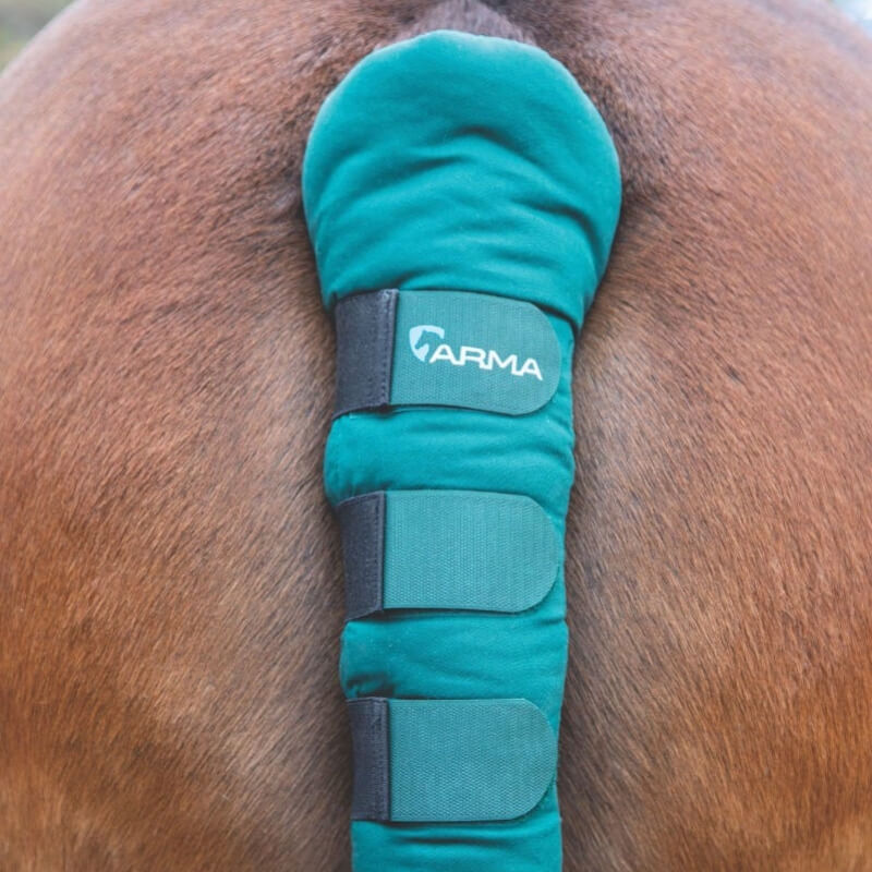 A horse’s tail with a green Shires Arma Padded Tail Guard.