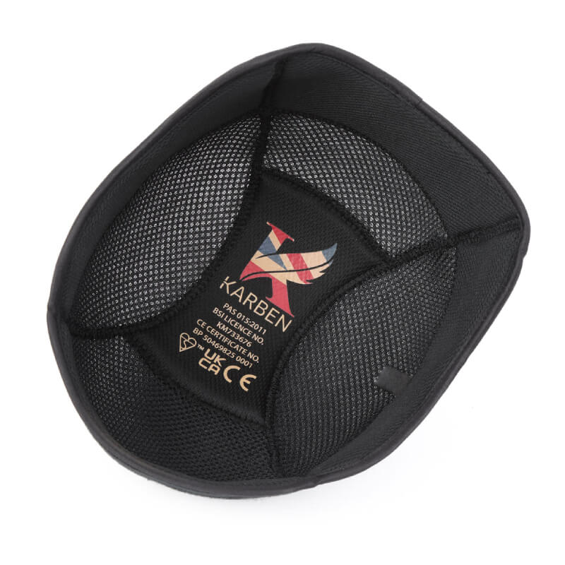 Black Karben Riding Hat Replacement Liner with branding and certification labels inside.