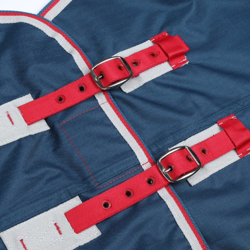 Close-up of buckled straps on the Shires Tempest Original Lite Turnout Rug Teal.