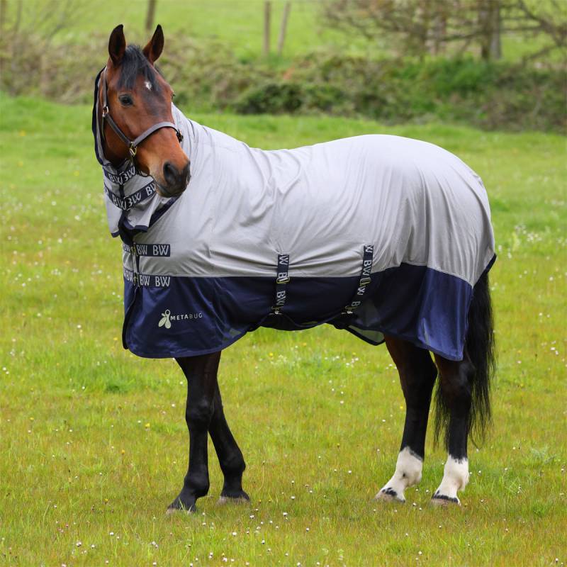 A horse in a Shires Bridleway Metabug Combo Neck Fly Rug Grey stands on grass.
