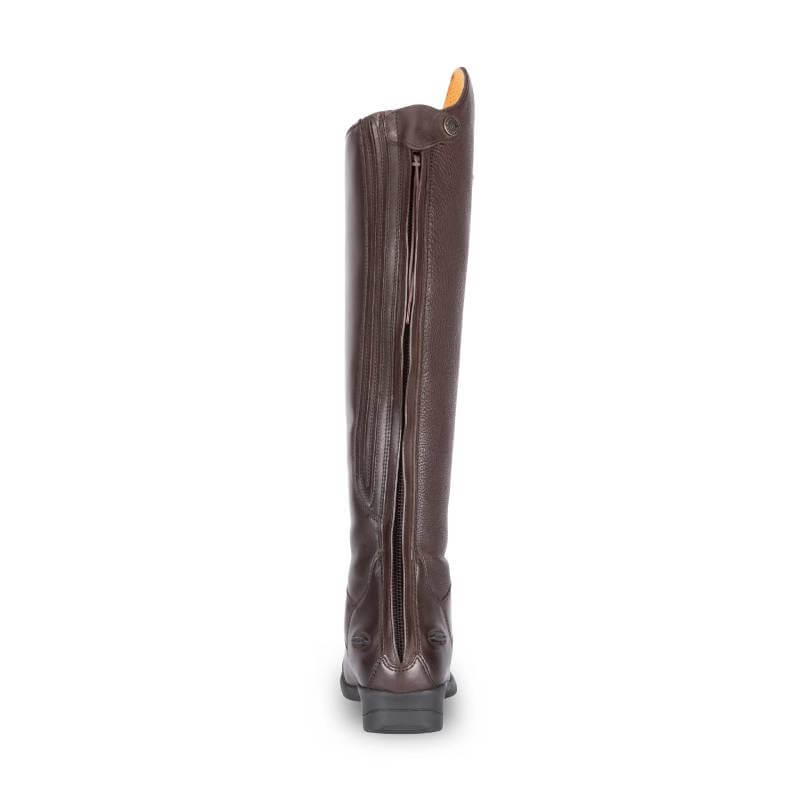 Moretta Gianna Riding Boots Brown by Moretta, back view with zipper on a white background.