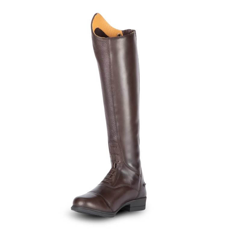 Moretta Gianna Riding Boots Brown: tall leather boots with front laces, yellow lining, equestrian style.