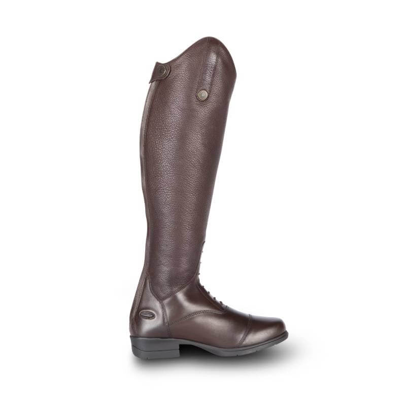 Moretta Gianna Riding Boots Brown—textured upper, smooth foot, side view.