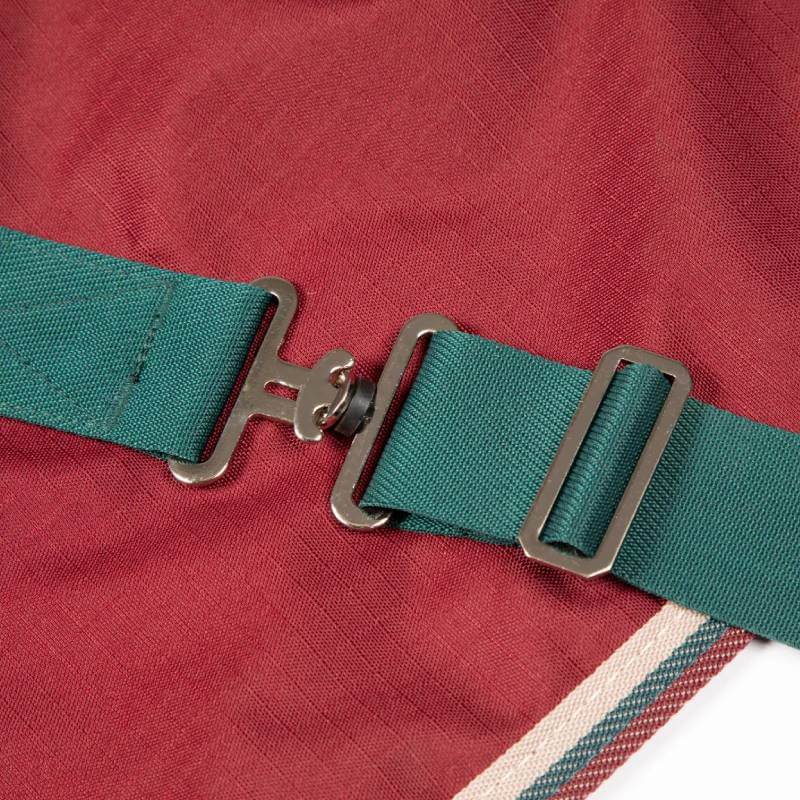 Teal strap with metal buckle on Tempest Shires Tempest Original 200 Turnout Combo Rug Maroon.