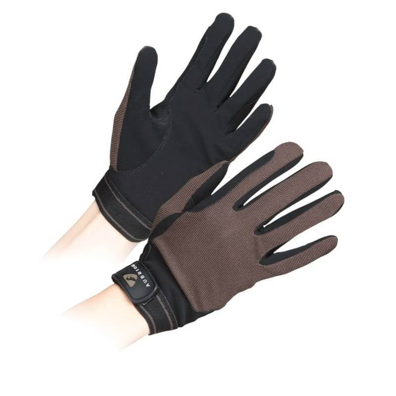 Two hands in Aubrion Mesh Riding Gloves Childs Brown with adjustable wrist straps.