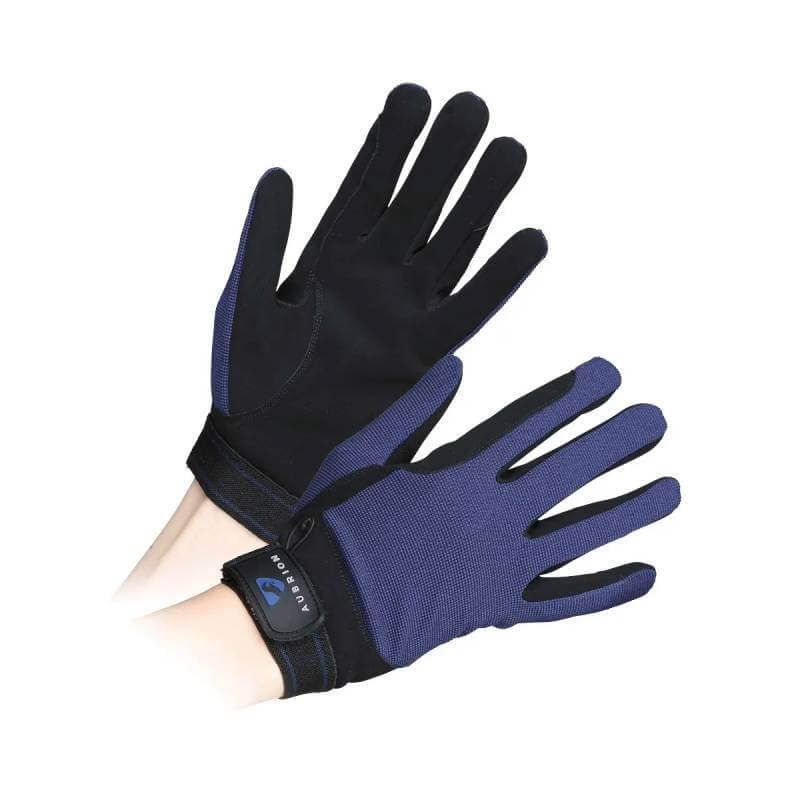 Aubrion Mesh Riding Gloves Childs Navy, worn on both hands with palms up and down.
