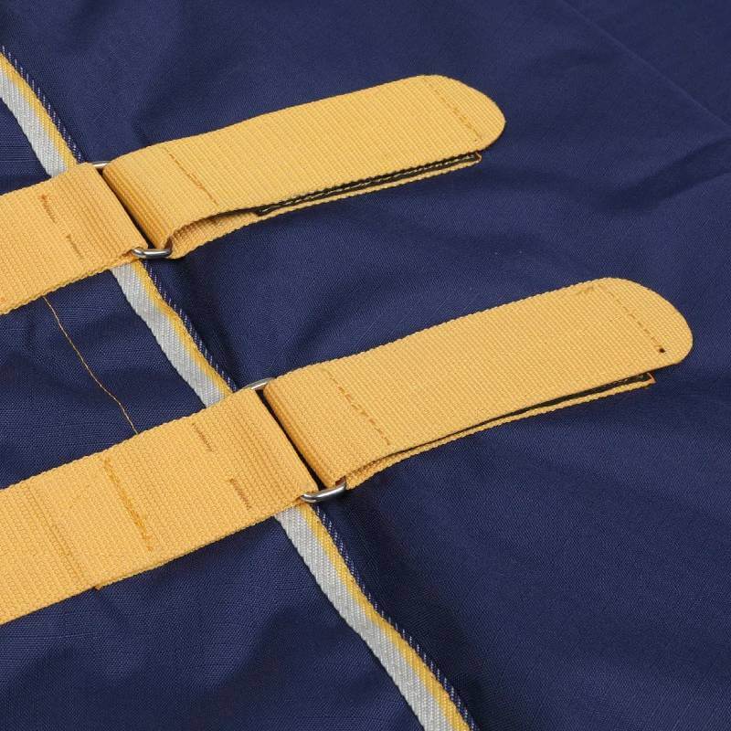 Two yellow buckled straps on the Tempest Shires navy turnout rug &amp; neck set, waterproof fabric.