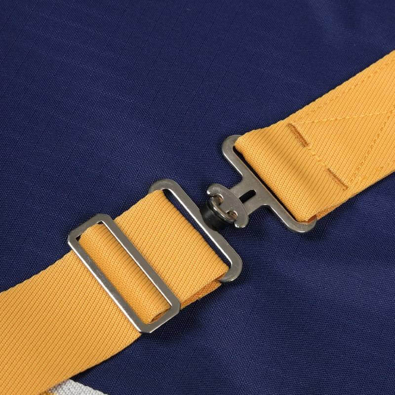 Tempest Shires turnout rug, navy waterproof fabric, yellow strap, metal buckle, neck set included.